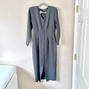 90s Vintage Plaid Dress Pencil Skirt Dusty Blue Button Front 7